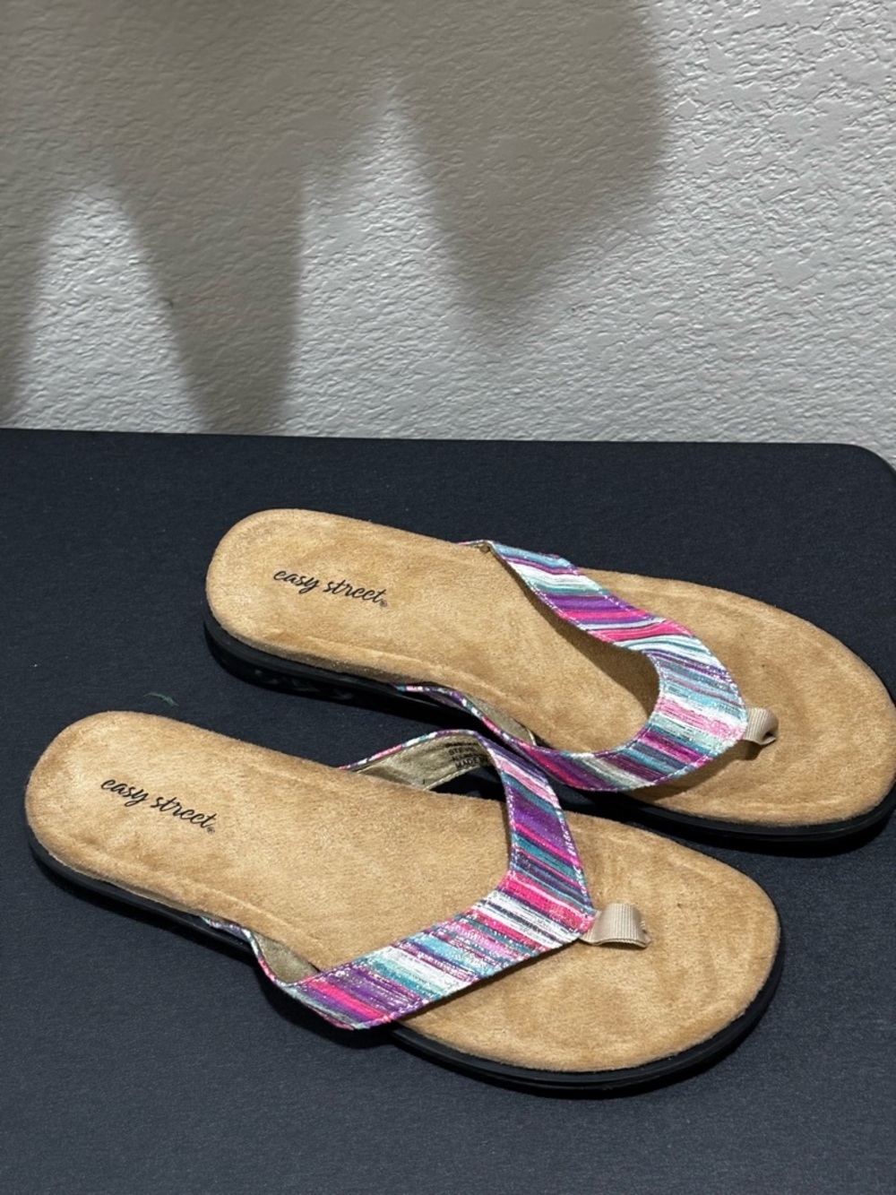 Easy Street Women’s Multicolor Striped Thong Sandals - Pink, Purple, Blue size 9